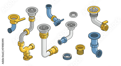 Isometric plumbing components and pipe fittings set on white background