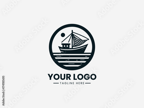 Traditional historic sailing boat vector logo with detailed sails and wooden hull for maritime museum