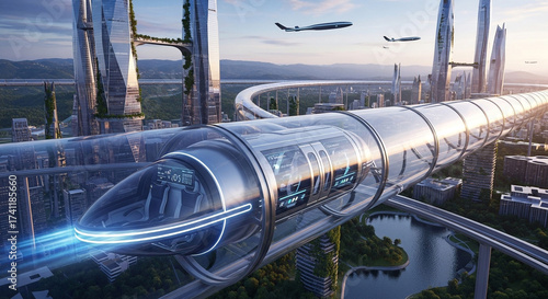 Futuristic hyperloop transportation system in a city with advanced architecture and technology, showcasing the future of travel and urban planning