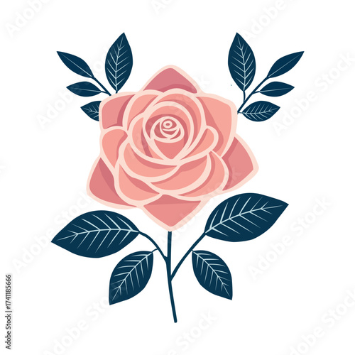 Elegant rose vector illustration with soft pink petals and decorative leaves