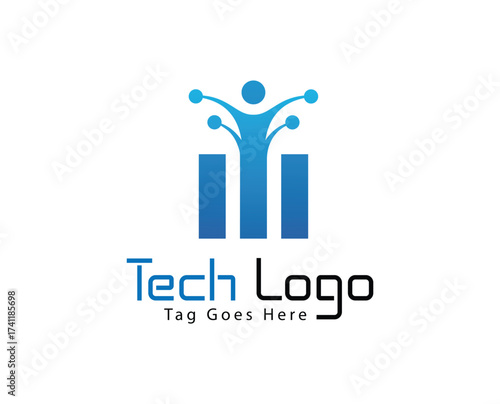 Abstract blue tech logo with human figure and bars isolated on white background featuring digital network, corporate identity, innovation concept, modern design, and growth symbol.
