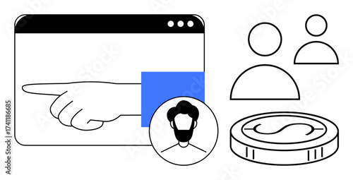Hand pointing inside browser window, user profile, two people icons, and dollar coin. Ideal for teamwork, leadership, finance, recruitment, online platforms business decisions simple flat metaphor