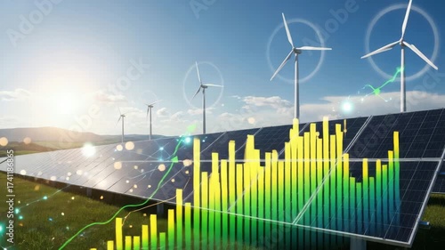 Solar panels and wind turbines on a field with a rising graph overlayed on the image in the daytime