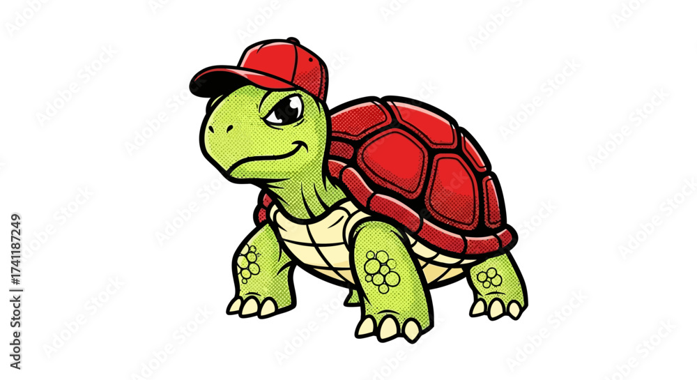 Fototapeta premium Cool Cartoon Turtle Character with Red Baseball Cap Isolated on White Background