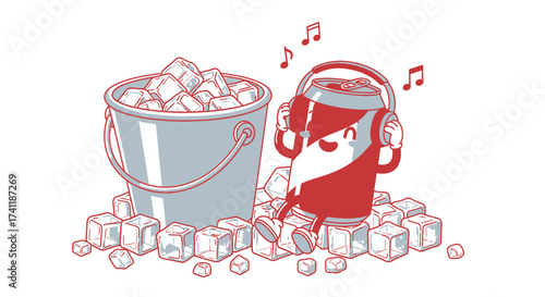 Cartoon soda can listening to music with a bucket full of ice cubes illustration