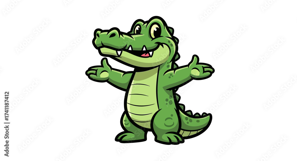 Obraz premium Cheerful cartoon crocodile with open arms invites for a friendly embrace standing out isolated