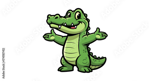 Cheerful cartoon crocodile with open arms invites for a friendly embrace standing out isolated