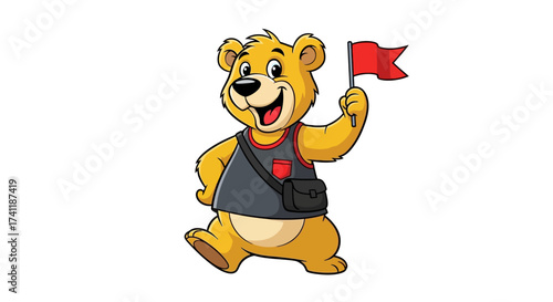 Cheerful cartoon bear tourist with a red flag, exploring and waving enthusiastically, ready for