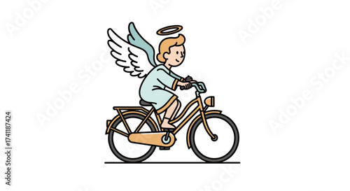 Illustration of an angel riding a bicycle, a whimsical and lighthearted scene displaying character
