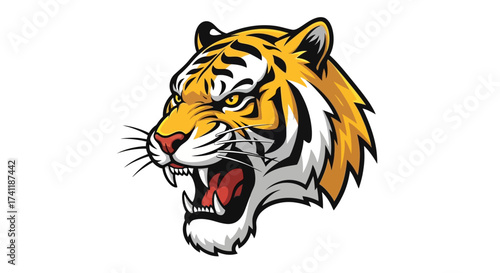 Ferocious tiger head illustration, vector graphic displaying aggressive posture, showcasing sharp