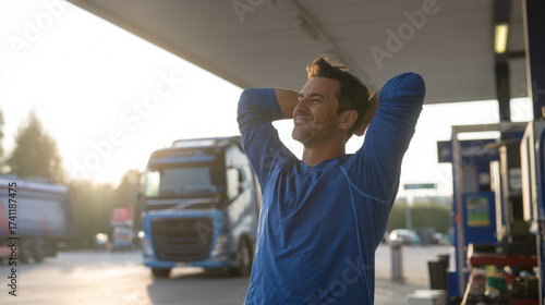 Driver stretching muscles after a long journey at a fuel station coffee stop