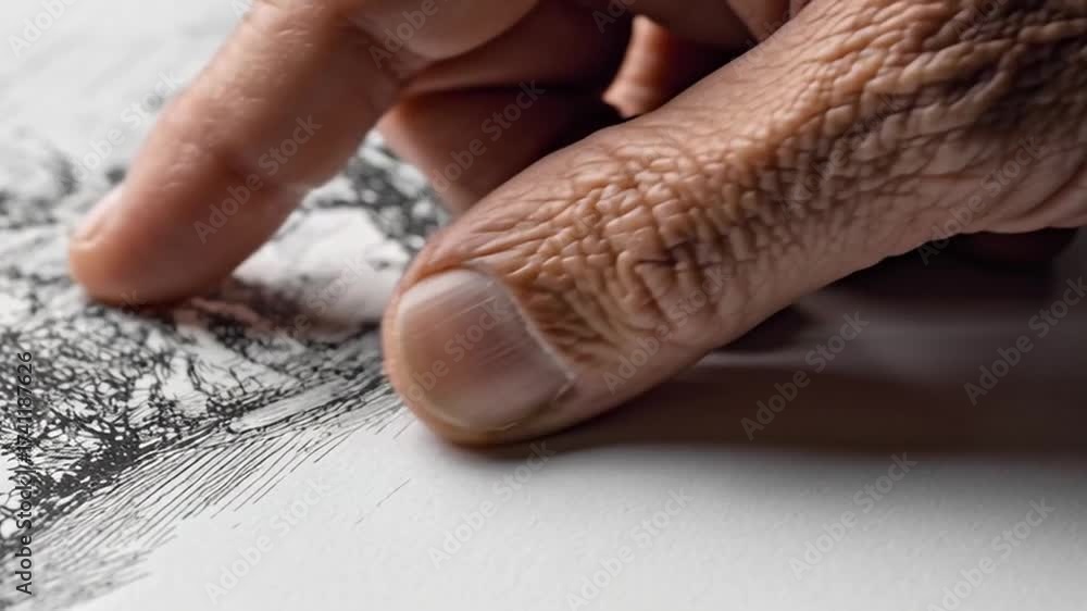 Closeup hand and finger sketch drawing paper, creative process and texture focus, sports psychology training through artistic sketching technique