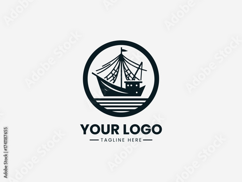 Traditional historic sailing boat vector logo with detailed sails and wooden hull for maritime museum