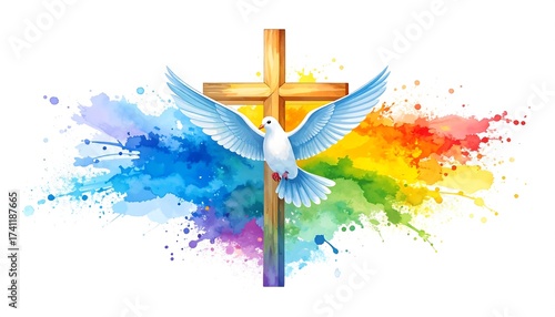 Watercolor illustration of a dove, cross and colorful paint splash, religious symbol