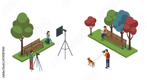 Isometric park scene with photographers and nature elements in flat design
