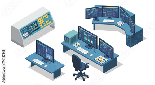Isometric control room setup with computer monitors and desks