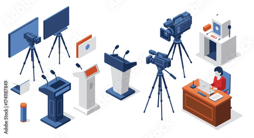 Isometric media equipment and press conference setup with cameras