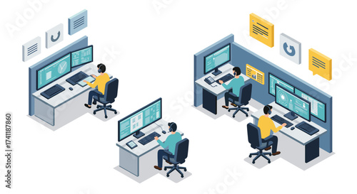 Isometric office scene with people working at modern computer workstations