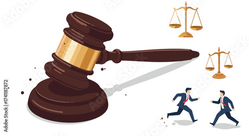 Law concept with gavel and scales of justice featuring businessmen in dispute