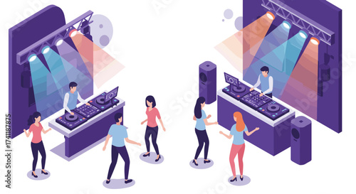 Isometric dj party scene with colorful lights and dancing crowd