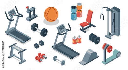 Modern isometric gym equipment set with exercise machines and weights