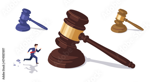 Isometric legal concept businessman running from oversized gavels