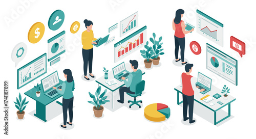 Collaborative office environment with diverse team analyzing data and charts in isometric style