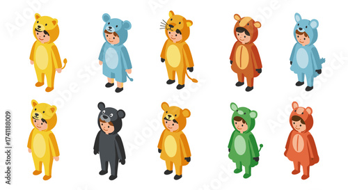 Children in cute animal costumes in isometric style