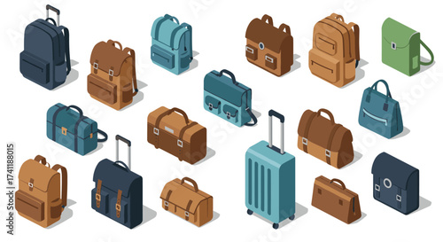Isometric travel bags and backpacks collection in various styles and colors