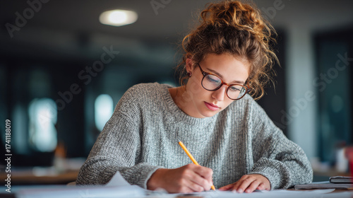 Female teacher grading exam papers and writing feedback for students