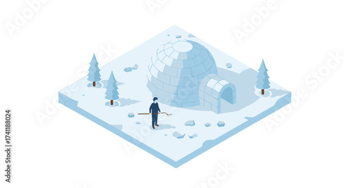 Winter scene with man standing near igloo in isometric design