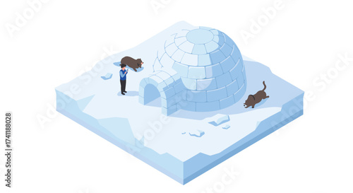 Winter camping adventure with sled dogs near an igloo in arctic landscape