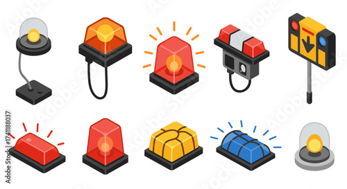 Isometric alarm icons set featuring various alert designs and emergency symbols