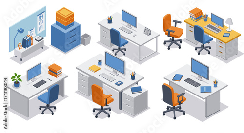Modern workspace elements isometric office furniture and supplies for creative professionals