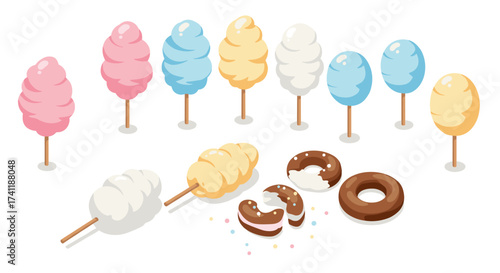 Sweet treats collection colorful cotton candy and donuts