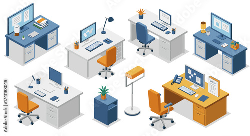 Isometric office desks with modern chairs and accessories in various arrangements