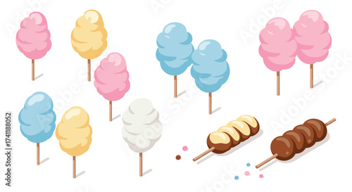 Colorful cotton candy and sweet treats in isometric style
