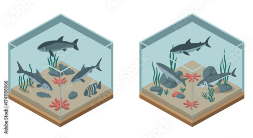 Isometric aquarium design with marine life and coral decorations