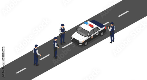Isometric police officers and patrol car on highway for law enforcement design
