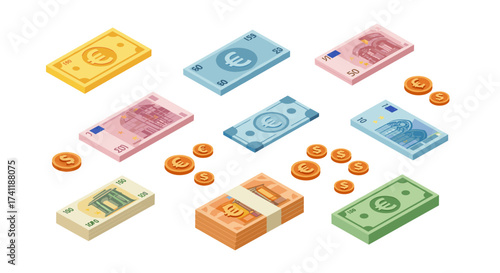Isometric euro currency concept with coins and banknotes on white background