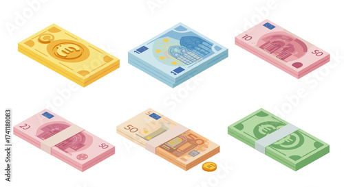 Colorful euro money collection in isometric style