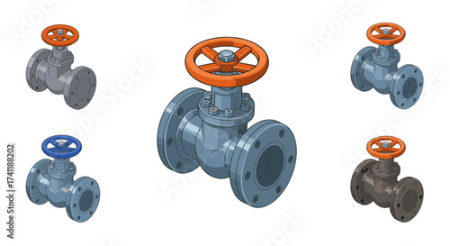 Industrial pipe valves with handwheels in various colors on white background