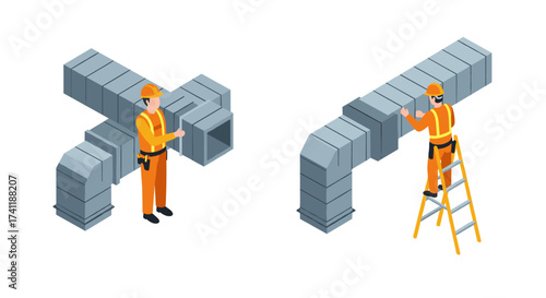 Construction workers installing duct systems in isometric style
