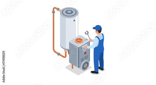 Isometric maintenance of home water heater by plumber in blue uniform