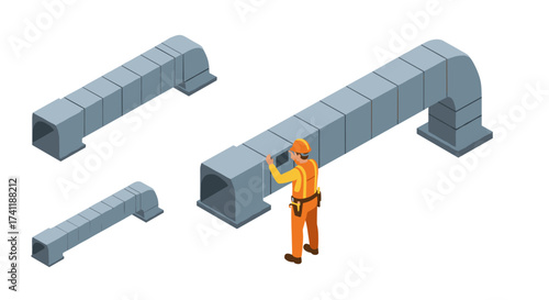 Isometric hvac ductwork with worker in uniform for industrial design