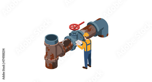 Industrial worker inspecting pipeline with rusty valve in isometric style