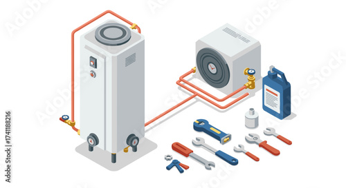 Isometric heating system with tools and maintenance equipment