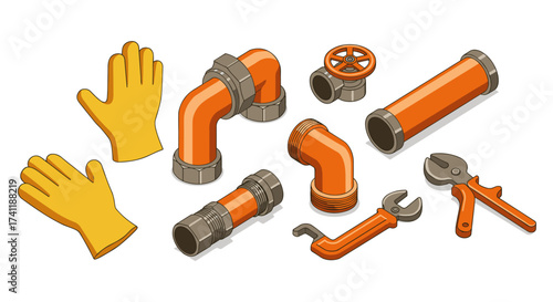 Set of plumbing tools and orange pipes with gloves and wrench in isometric style