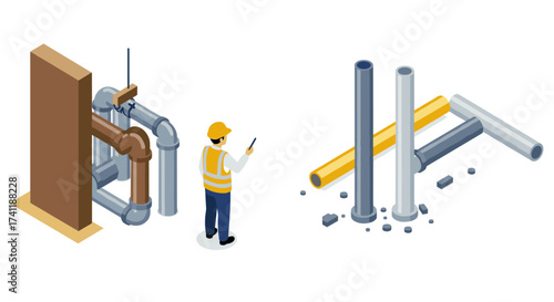 Engineer observing isometric construction pipes and structures in worksite planning