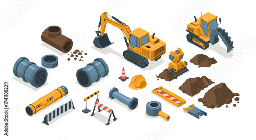Isometric construction equipment set with excavator and bulldozer